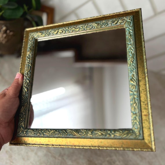 Vintage Gold and Green Wall Mirror | Ornate Square Wooden Frame, Antique Patina