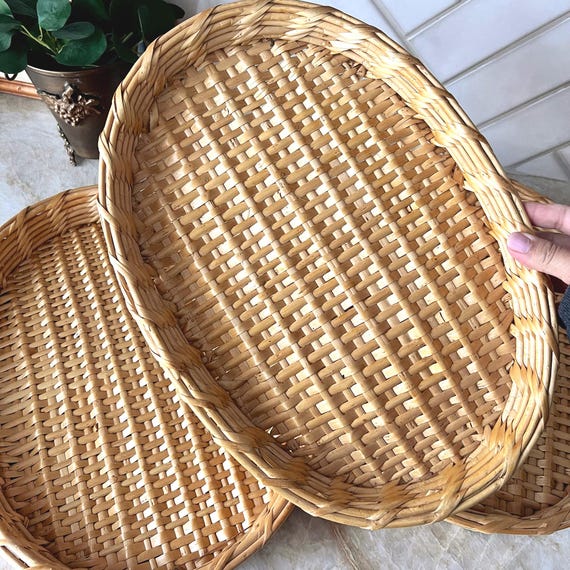 Set of 3 Vintage Woven Rattan Nesting Trays – Oval Basket Trays for Serving, Organizing, or Cottagecore Decor