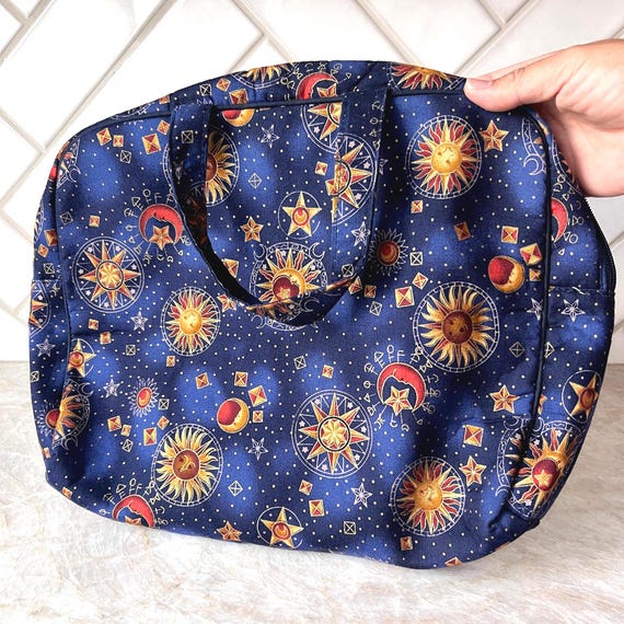 Vintage Ted Lapidus Celestial Print Travel Bag | Zodiac Sun Moon Star Pattern | Navy Blue Satin Tote Carry On Bag | Astrology Cosmetic Bag