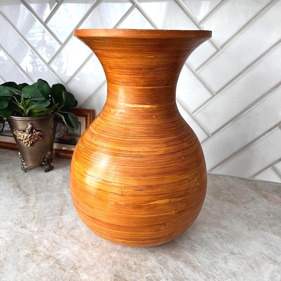Vintage Mid Century Turned Wood Vase | Large Handcrafted Wooden Vase | Natural Sculptural Home Decor | Minimalist Boho Shelf Styling Accent