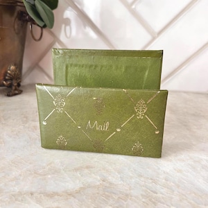 Vintage Green Metal Mail Holder with Gold Fleur-de-Lis Design | Mid Century Desk Organizer