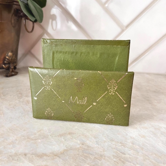 Vintage Green Metal Mail Holder with Gold Fleur-de-Lis Design | Mid Century Desk Organizer
