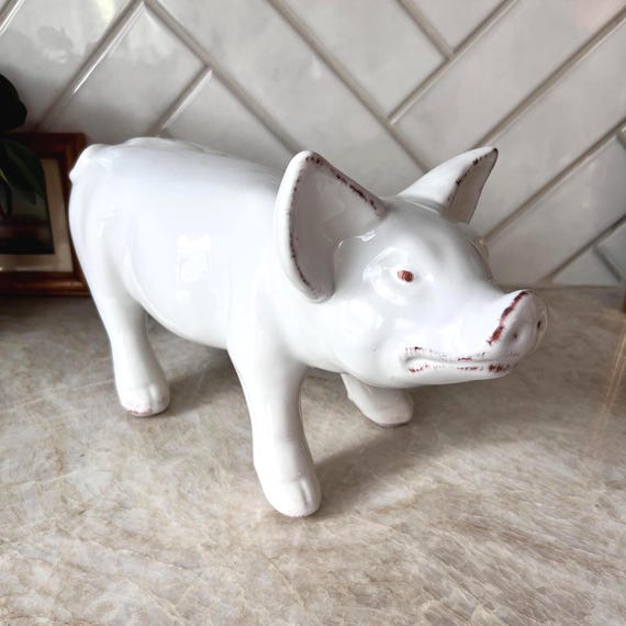 Large Vintage French Porcelain Pig Figurine – Farmhouse Style, White Glazed Ceramic, 14" Long