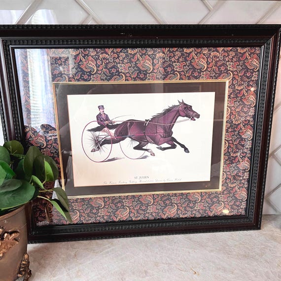 Vintage Trotting Horse Prints – Smuggler & St. Julien Harness Racing Framed Wall Art, Paisley Mat, Horse Lover Decor | Equestrian Decor