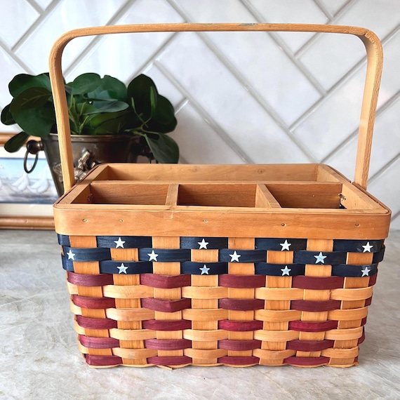 Patriotic Americana Woven Basket w/ Handle – Red White Blue Organizer w/ Stars – Divided Wood Slat Caddy – 4th of July Picnic Utensil Holder