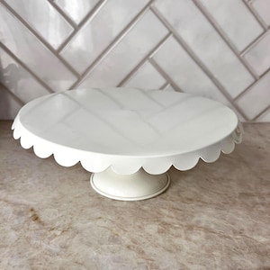 Vintage White Metal Cake Stand with Scalloped Edge | Retro Pedestal Dessert Display, Shabby Chic Party Decor | Farmhouse Primitive Decor
