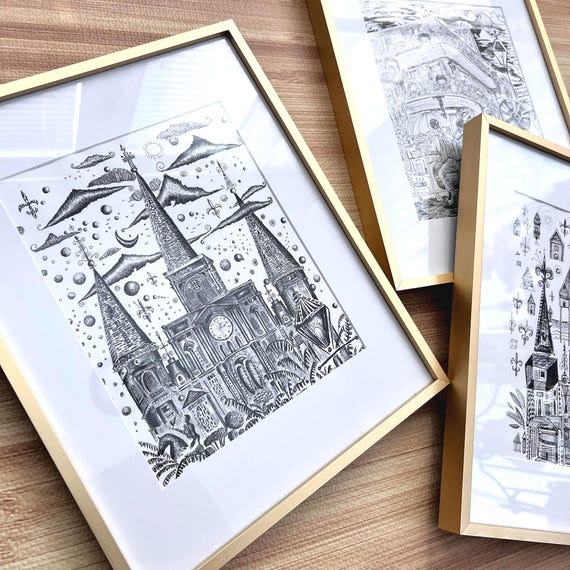 Framed New Orleans French Quarter Art | Bourbon Street Jazz | Black and White Pen Drawing | NOLA Street Artist | Unique Gothic Architecture