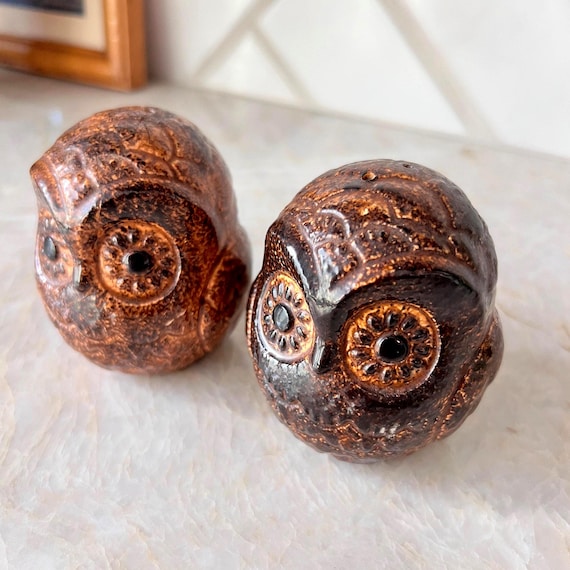 Vintage Brown Ceramic Owl Salt and Pepper Shakers – Mid Century Style, Hand-Painted Details, Cottagecore Kitchen Decor