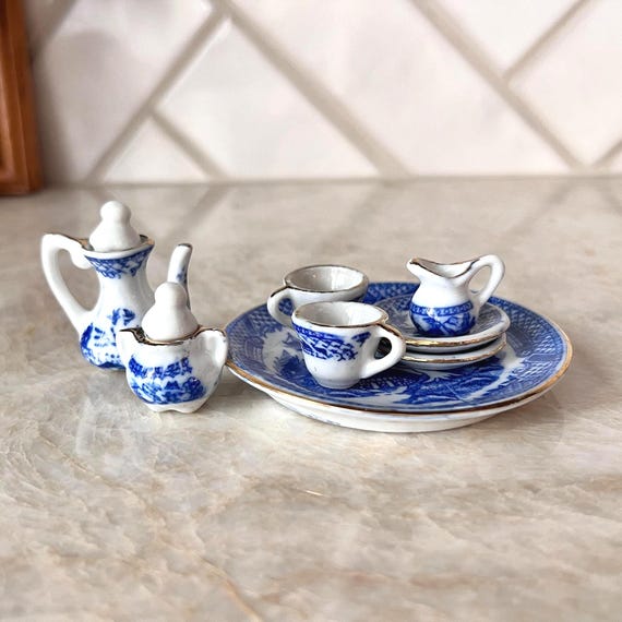 10 pc. Vintage Dollhouse Miniature Tea Set | Blue & White Porcelain China | Willow Pattern Mini Tea Set for Dolls or Display