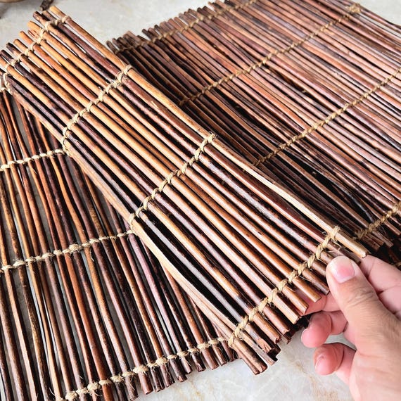 Set of 2 Vintage Bamboo Placemats – Rustic Woven Slat Table Mats, Boho Natural Table Decor, 18"x13"