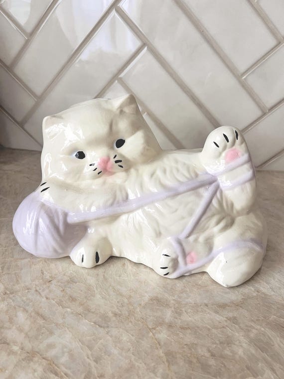 Vintage Ceramic Persian Cat Figurine – White Cat Playing with Yarn, 9" Long Whimsical Coquette Decor