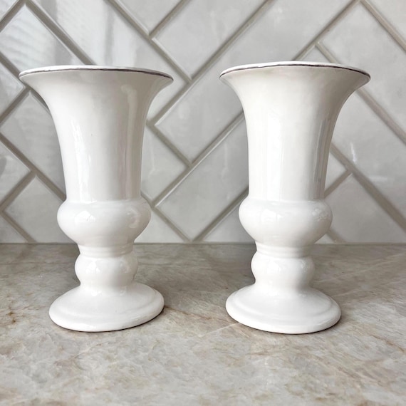 Set of 2 Vintage White Ceramic Urn Vases with Silver Rim | Footed Pedestal Planters | Elegant Cottagecore Mantel Decor |