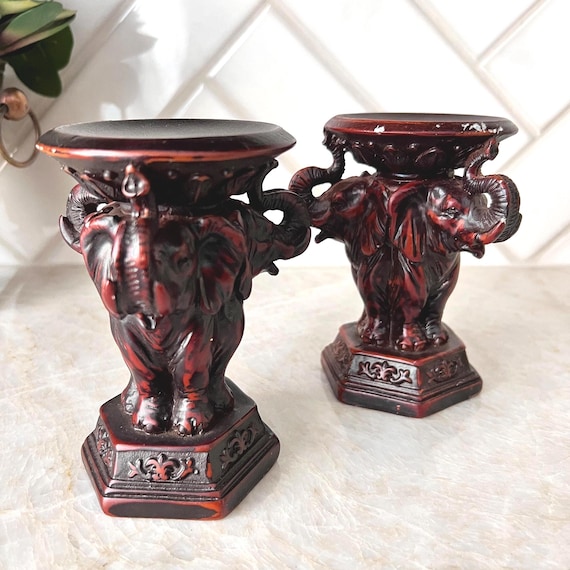 Vintage Bombay Company Elephant Candle Holders – Heavyweight Resin, Aged Patina, Decorative Pair