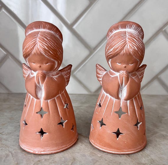 2 Vintage House of Lloyd Terra Cotta & Gold ANGEL Votive Tea Light Holder, Christmas Decor, Christmas Candle, Christmas gifts