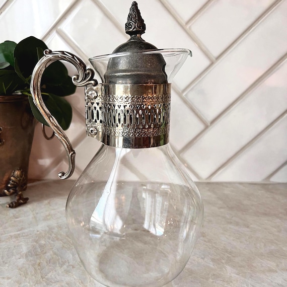 Vintage Glass Pitcher with Ornate Silver Plated Lid | Barware or Vase | Ceremonial Wine Pitcher | Medieval Glassware and Serving Pitcher