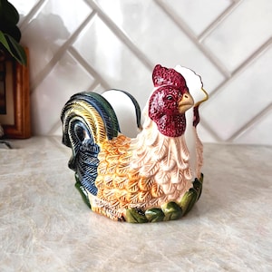 Colorful Ceramic Rooster Napkin Holder – Vintage Farmhouse Kitchen Decor, Chicken Country Table Accessory, Cottagecore Rooster Lover Gift