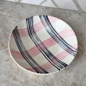 Vintage Stetson Scots Clan Pasta Bowl | 10&quot; Striped Pink & Black Plaid | Oven-Proof, Underglazed Ceramic | Mid-Century Modern Dinnerware
