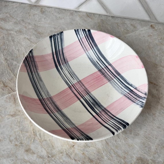 Vintage Stetson Scots Clan Pasta Bowl | 10" Striped Pink & Black Plaid | Oven-Proof, Underglazed Ceramic | Mid-Century Modern Dinnerware