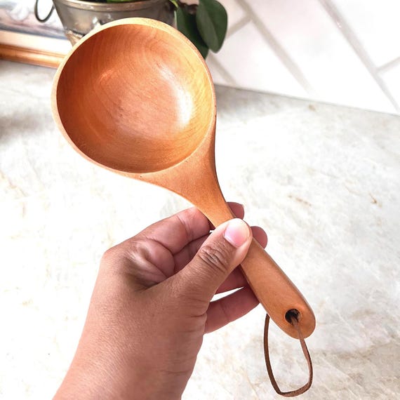 Vintage Japanese Wooden Water Scoop – 8.5” Curved Ladle with Leather Loop – Rice, Bath Salt, Laundry Powder, or Tea Ceremony Use