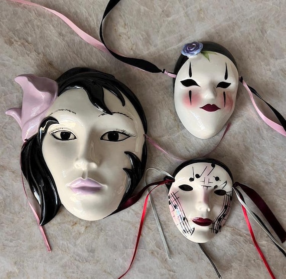 Vintage Mardi Gras Ceramic Masks | Decorative New Orleans Wall Hanging | Carnival Glamour Fashion | Glam Rock Decor | Vintage NOLA Decor