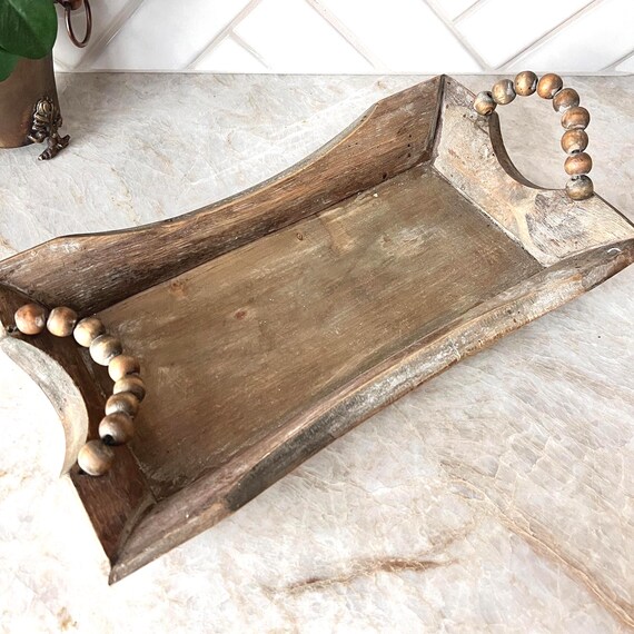 Rustic Wooden Tray with Beaded Handles – Farmhouse Boho Wood Catchall, Decorative Serving Tray, Vintage-Style Home Decor
