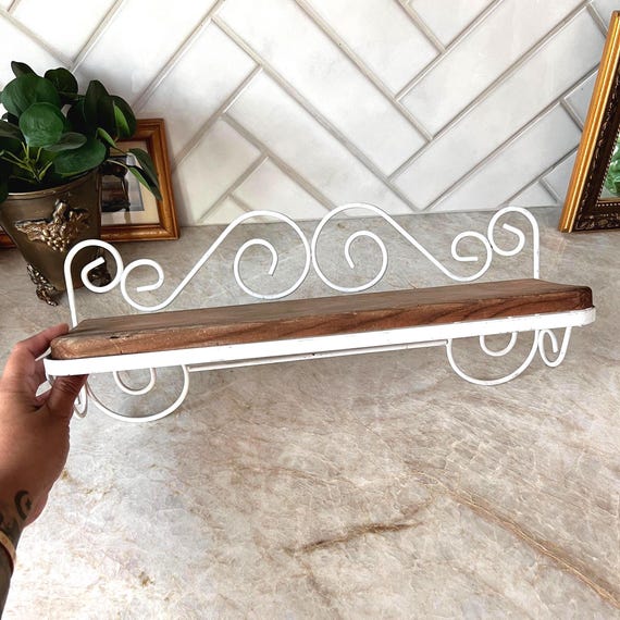 Vintage 18” Wooden & White Iron Wall Shelf – Farmhouse Floating Scroll Shelf, Rustic Wall Decor