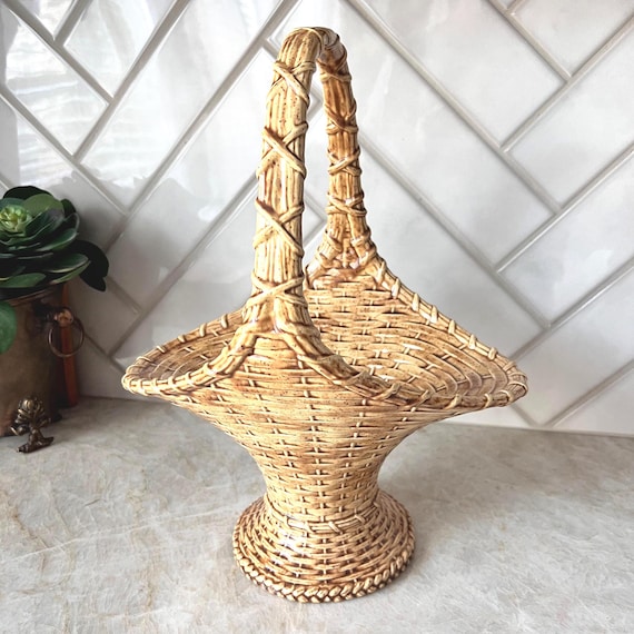 Large Vintage Ceramic Basket w/ Twisted Handle – Faux Wicker Pedestal Vase Planter, Cottagecore Decor Centerpiece