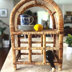 Vintage Woven Rattan Shelf – 22&quot; Authentic Mid Century Boho Bamboo Wall or Countertop Organizer, Natural Arched Wicker 6 Bottle Wine Rack