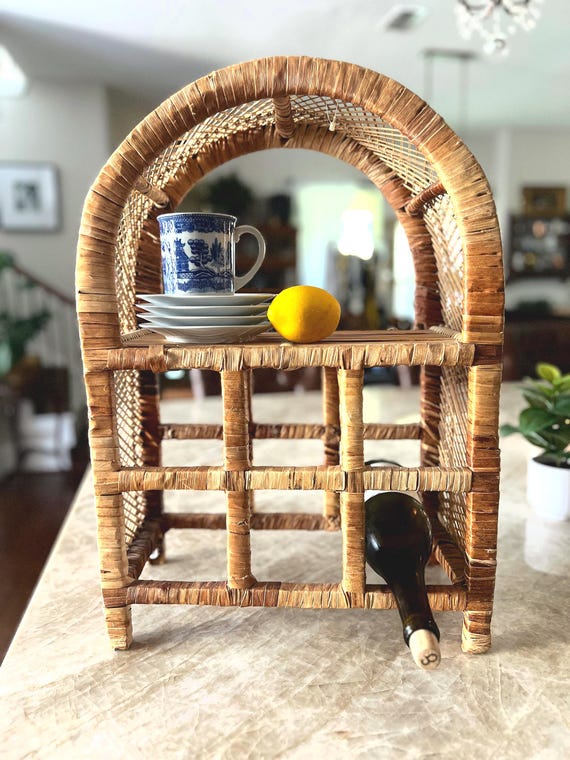 Vintage Woven Rattan Shelf – 22" Authentic Mid Century Boho Bamboo Wall or Countertop Organizer, Natural Arched Wicker 6 Bottle Wine Rack