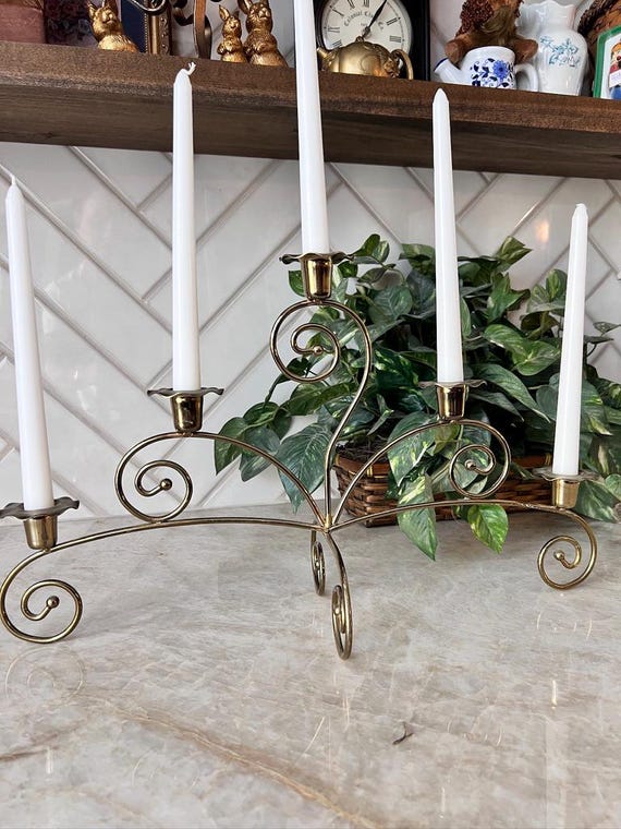 Vintage Scroll Candelabra | Dainty Gold Tone Metal Scroll Design | Candlestick Holders | Minimalist Bohemian Decor | Boho Home Decor