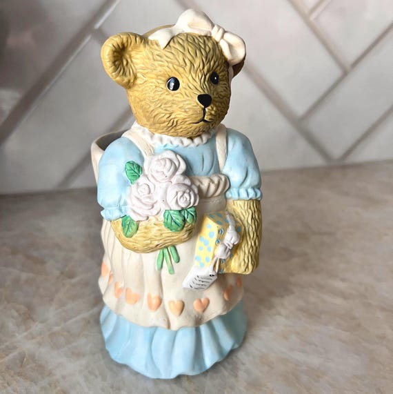 Vintage 1986 Harbert Industries Teddy Bear Planter – Ceramic Bear in Dress Holding Roses – Nursery Decor, Cottagecore, Kawaii Cute