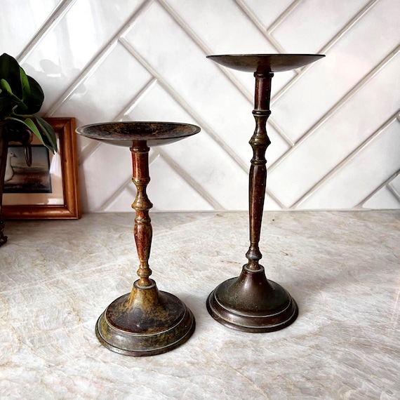 Vintage Brass Pillar Candle Holders | Mismatched Pair Patina Taper Stands | Rustic Boho Mantel Decor | Gothic, Romantic Candle Decor