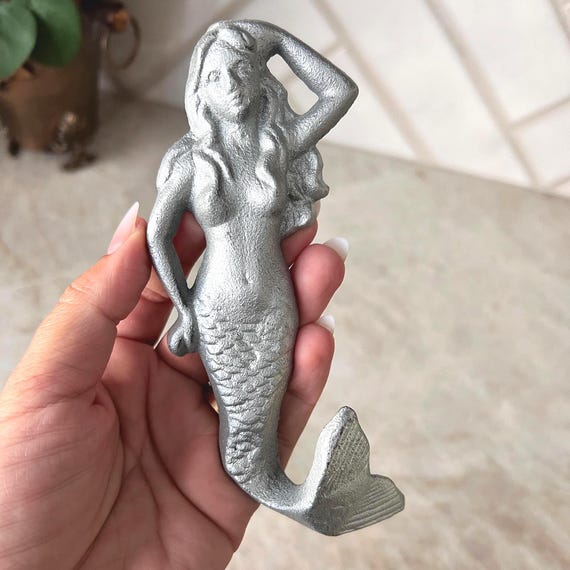 Silver Cast Iron Mermaid Wall Hook – Nautical Coastal Bathroom or Beach House Decor
