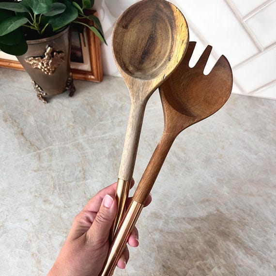 Rustic Wood & Copper Salad Servers – Set of 2 | Mid-Century Inspired Wooden Cooking Utensils | Modern Farmhouse Kitchen Decor