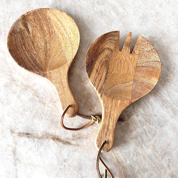Handcrafted Wooden Salad Servers | Mid-Century Modern Style Wood Toss Set with Leather Loops | Primitive Kitchen Tools