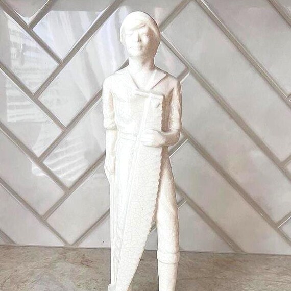 Strange Ceramic Lumberjack Sculpture | Crackle Glazed Figurine | Weird Art Statue | Offbeat Decor | Unique Home Accent | Surreal Retro Style