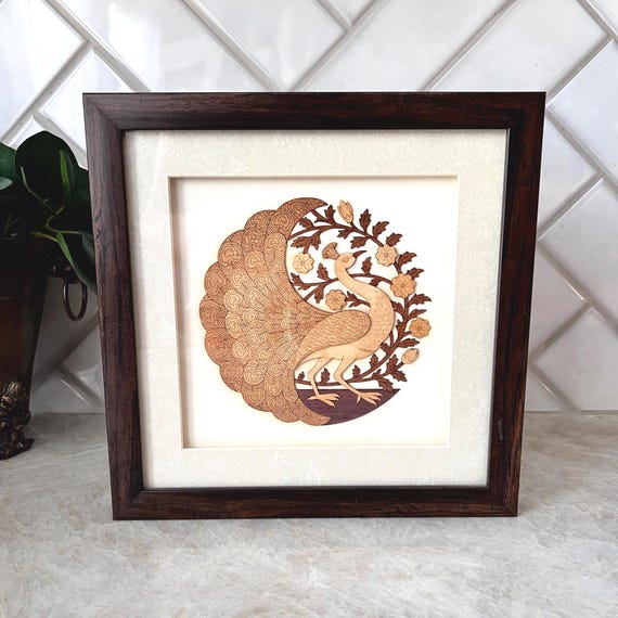 Vintage Peacock Wood Carved Wall Art – 10" Framed Boho Chinoiserie Bird Decor – Brown Tone Nature Art – Rustic Gallery Wall Accent