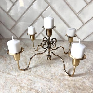 Vintage Brass Candelabra – 5 Arm Candle Holder, Hollywood Regency Style, Mid-Century Gold Tone Table Decor, Taper or Votive Compatible