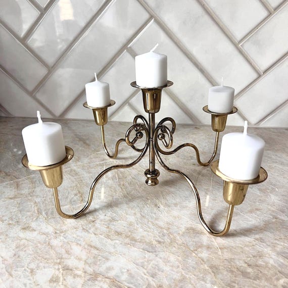 Vintage Brass Candelabra – 5 Arm Candle Holder, Hollywood Regency Style, Mid-Century Gold Tone Table Decor, Taper or Votive Compatible