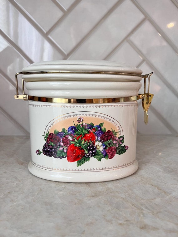 Vintage Ceramic Canister – Knotts Berry Farm Foods – Retro Farmhouse Kitchen Decor