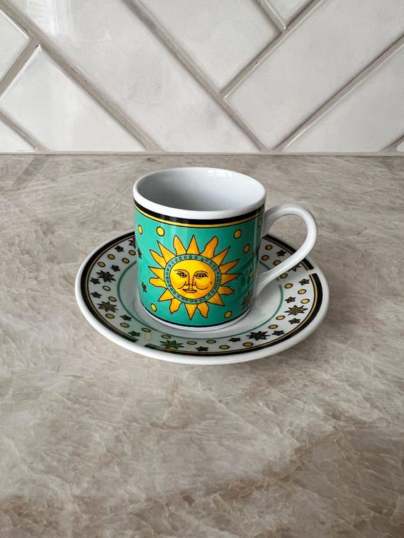 Vintage Mini Green Sun & Moon Celestial Espresso Cup and Saucer | Stars, Moons , Sun Coffee Mug | Cosmic Kitchen Decor