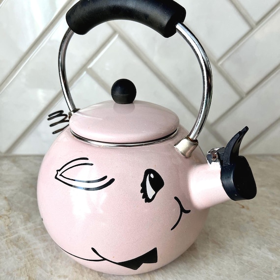 Vintage Kamenstein Pink Pig Whistling Tea Kettle | Cute Enamel Piggy Teapot with Bowtie | Whimsical Farmhouse Kitchen Decor
