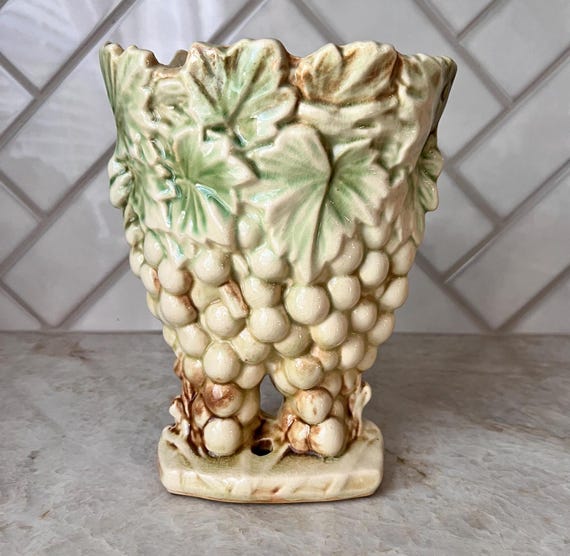 Vintage 1950s McCoy Art Pottery Vase | Brown, Green and Cream Grape, Leaf Jagged Edge Vase | Rare Unique