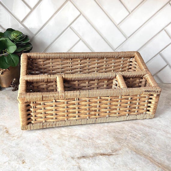 Vintage Wicker Desk Organizer | Boho Farmhouse Office Storage | Rustic Mail Sorter, Pen Holder, Woven Rattan Tabletop Organizer