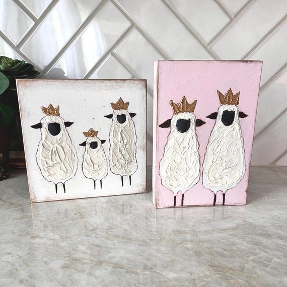 Whimsical Crowned Sheep Art Blocks, Textured Canvas Wall Decor, Set of 2, Farmhouse Animal Nursery or Easter Shelf Display