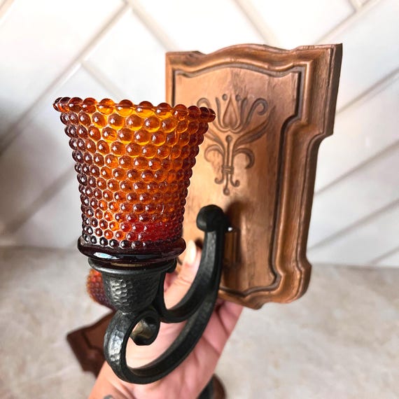 Vintage Amber Red Hobnail Wall Sconces with Hammered Black Metal Arms and Fleur-de-Lis Backplates – Mid Century Glass Wall Candle Holders