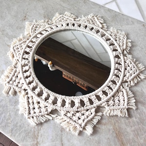 Boho Macramé Wall Mirror – Round Woven Cotton Mirror with Fringe | 16&quot; Diameter Bohemian Farmhouse Wall Decor | Entryway Mirror