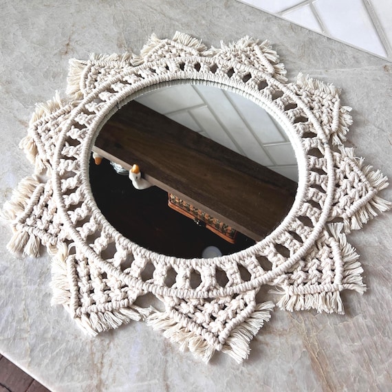Boho Macramé Wall Mirror – Round Woven Cotton Mirror with Fringe | 16" Diameter Bohemian Farmhouse Wall Decor | Entryway Mirror
