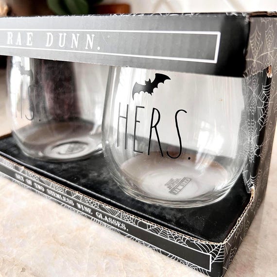 Rae Dunn Halloween Wine Glass Set – His & Hers Stemless Glasses with Bats, Spooky Couple Drinkware