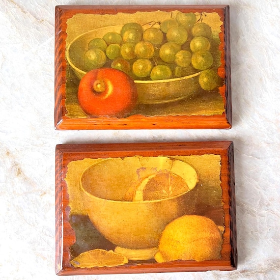 Set Vintage Henk Bos Litho Prints on Wooden Plaques – Fruit Still Life | Mid-Century Art, Rustic Kitchen Wall Decor, Vintage Home Accent